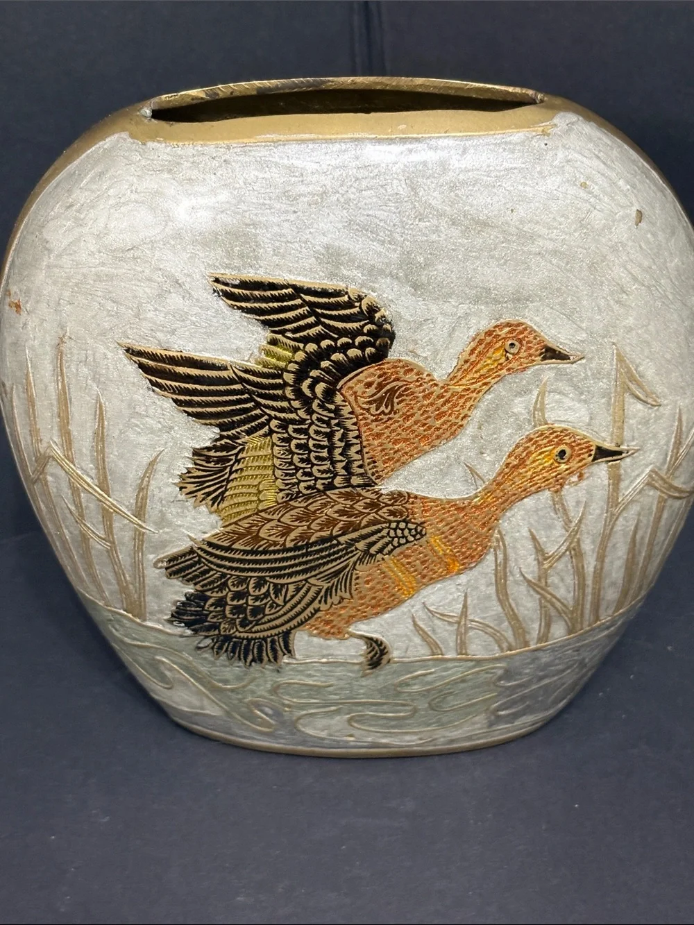 Vintage Brass Vase Geese Waterfowl Etched Enamel Cloisonne Style